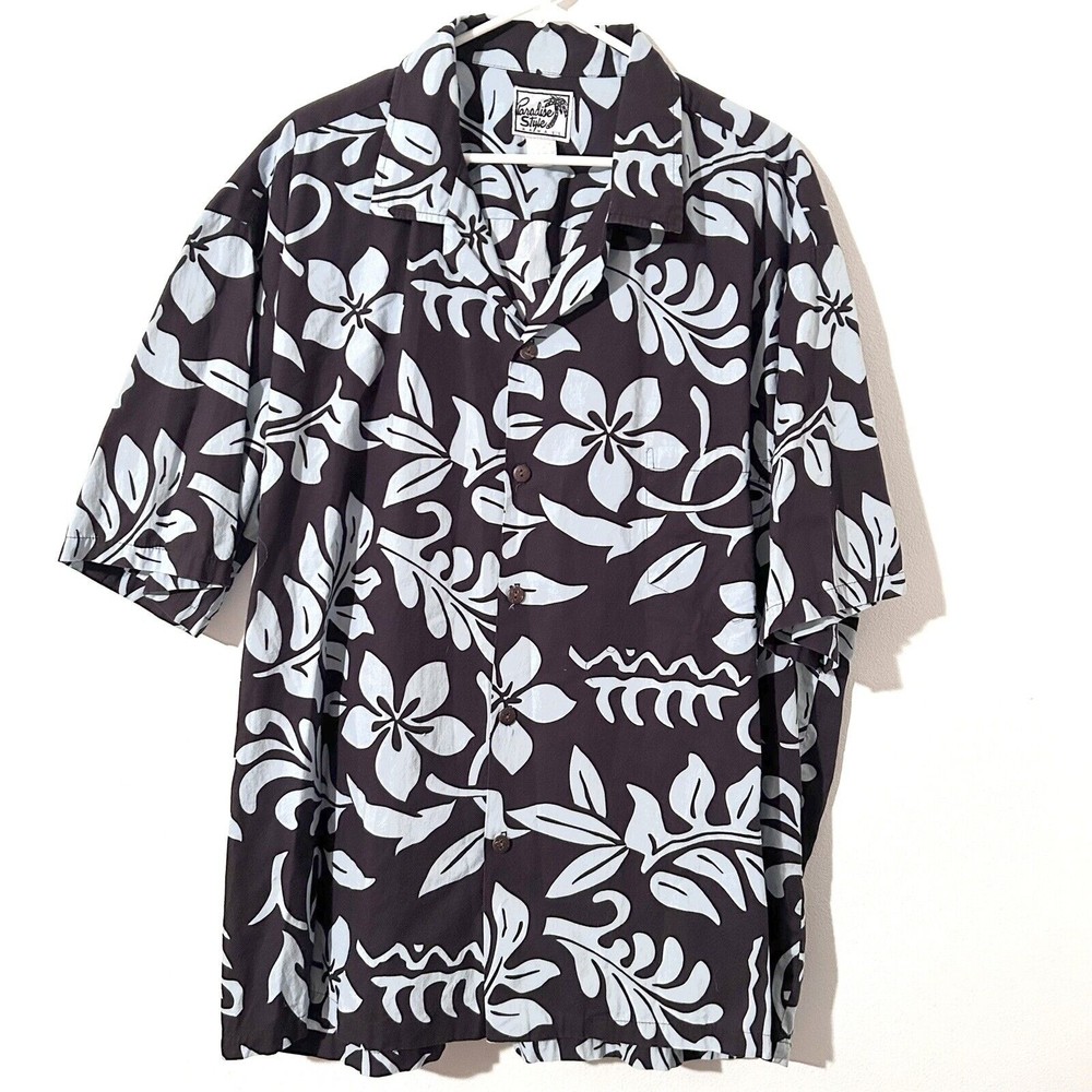 Paradise Style Men's Shirt Large Hawaiian Aloha Hibiscus Plumeria Made in Hawaii
